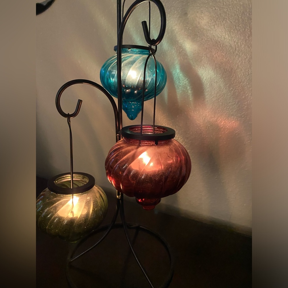 Moroccan Iron & Glass Tea Light Candle Holder Trio | Boho Home Decor - Picture 5 of 6